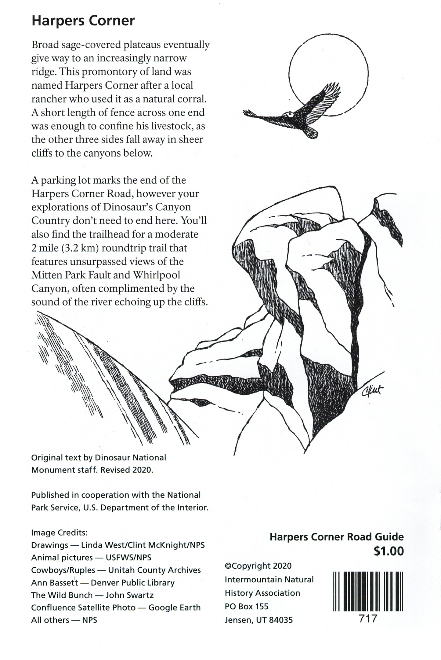 Back cover of a guidebook with illustrations and text about Harpers Corner, featuring a price tag and publication details.