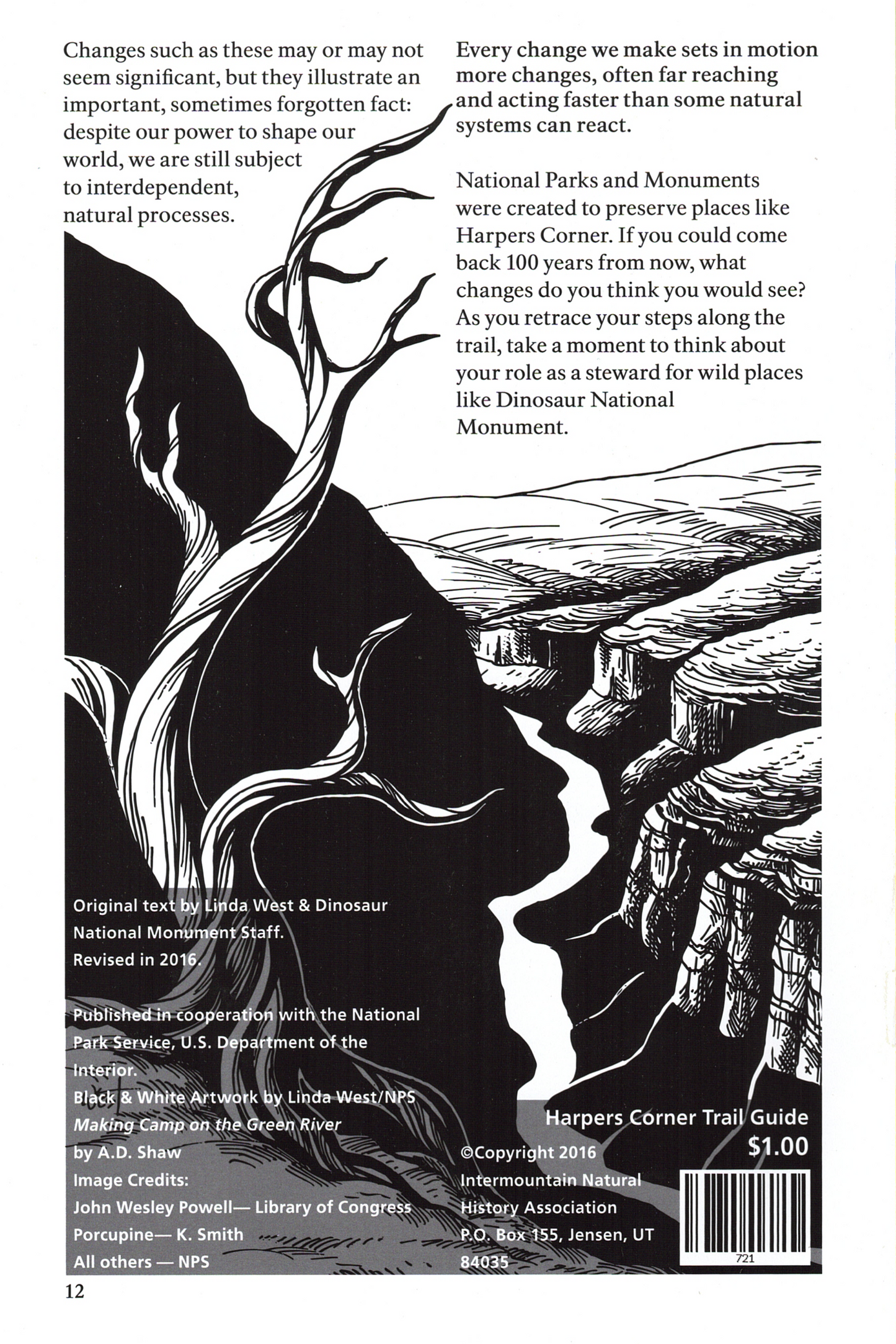 Booklet with black and white illustration of a silhouette and landscape, text about changes and national monuments.