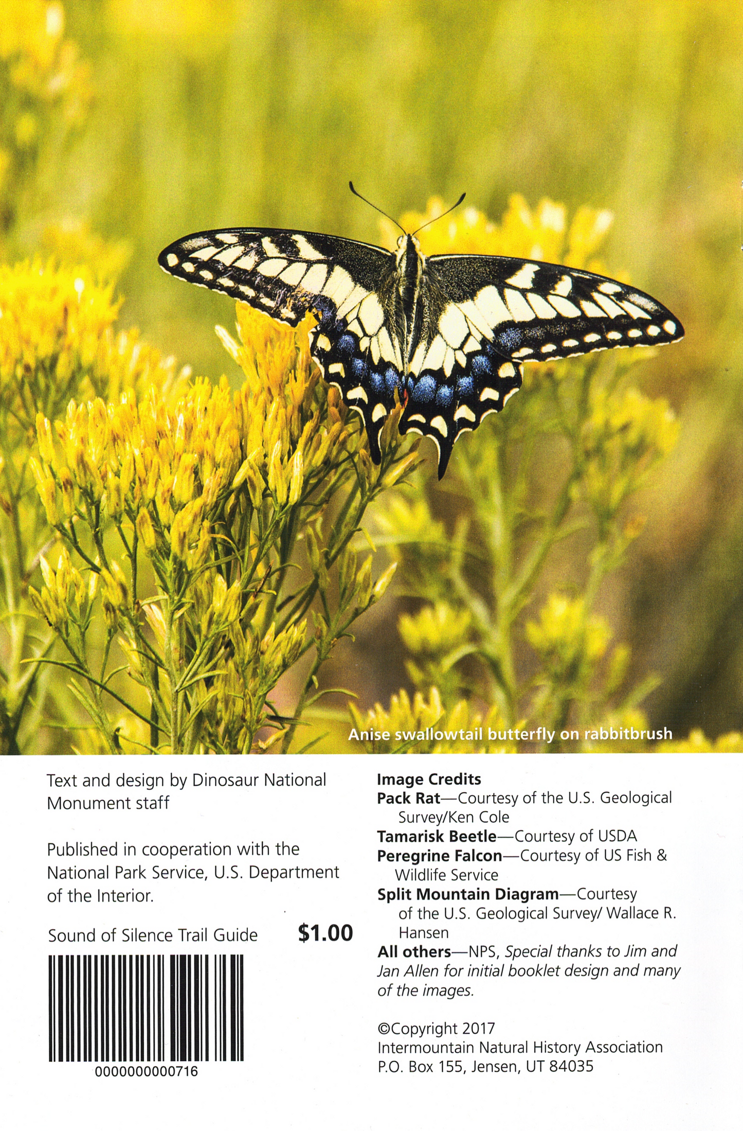 Butterfly on yellow flowers with text and barcode on a white background