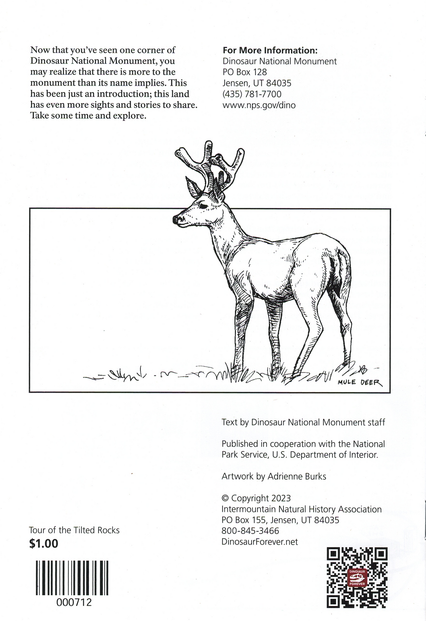 Back cover of a book with a deer illustration and text about Dinosaur National Monument.