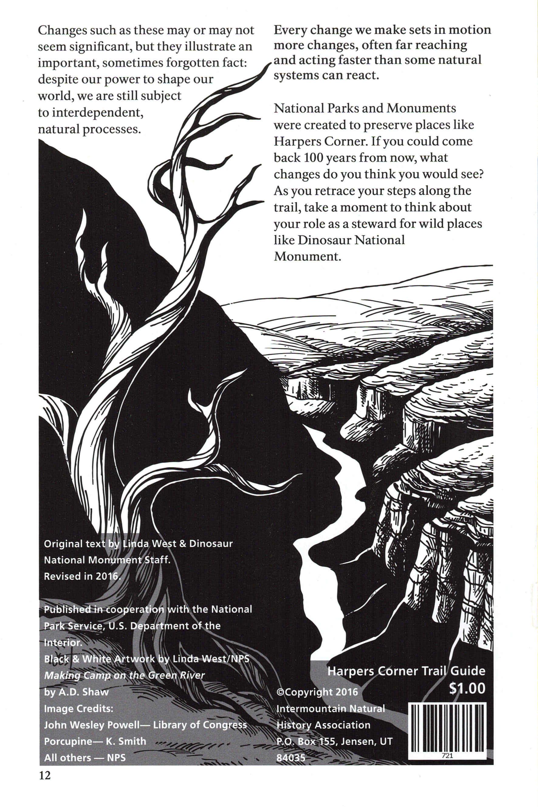 Booklet with black and white illustration of a silhouette and landscape, text about changes and national monuments.