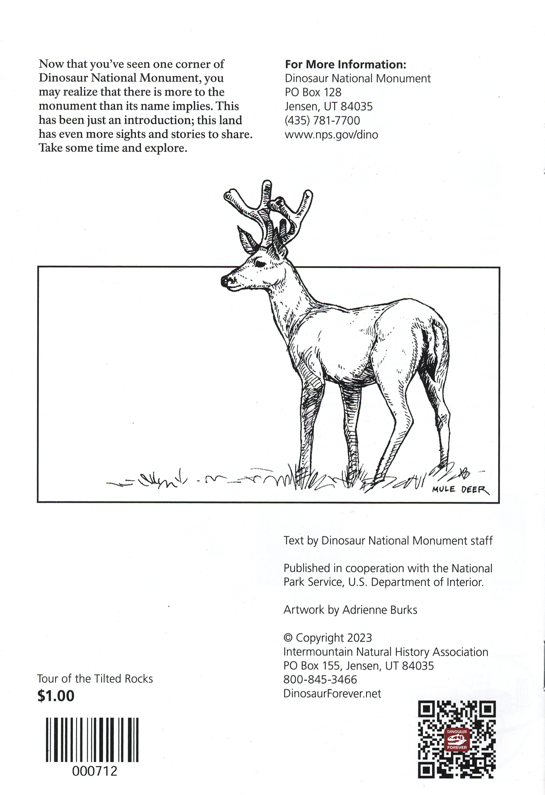 Back cover of a book with a deer illustration and text about Dinosaur National Monument.